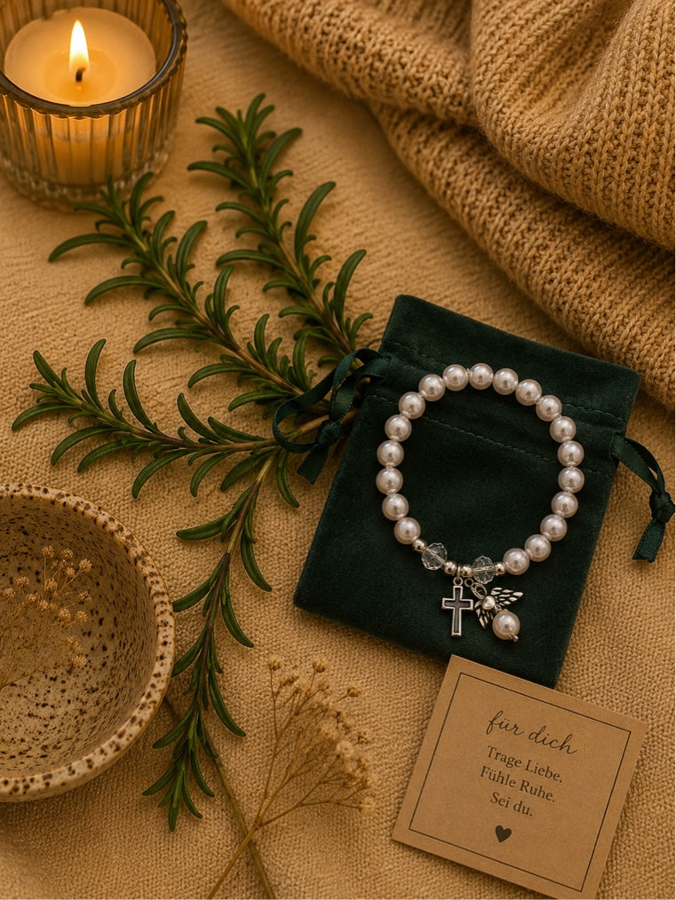 ✨ Perlenarmband mit Engel & Kreuz – Symbol für Schutz und positive Energie ✨