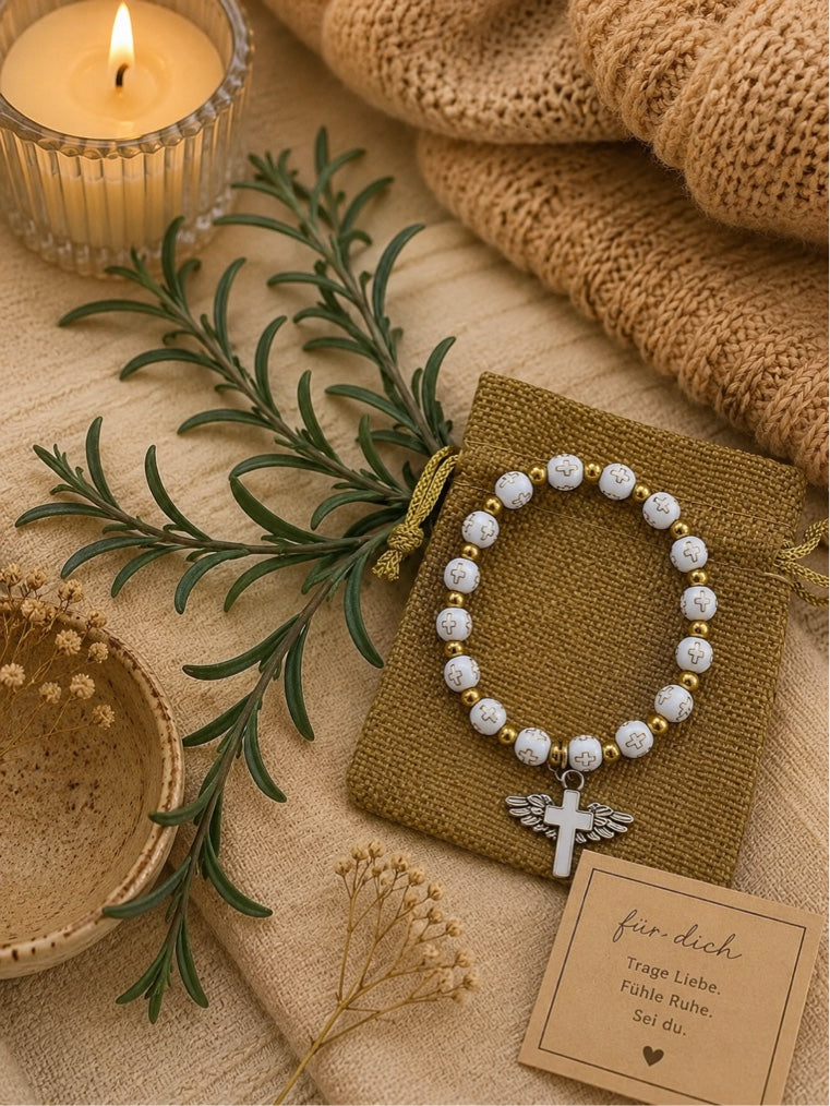 ✨ Kugelarmband mit Engelsflügel – Weiß & Gold voller Lichtenergie ✨